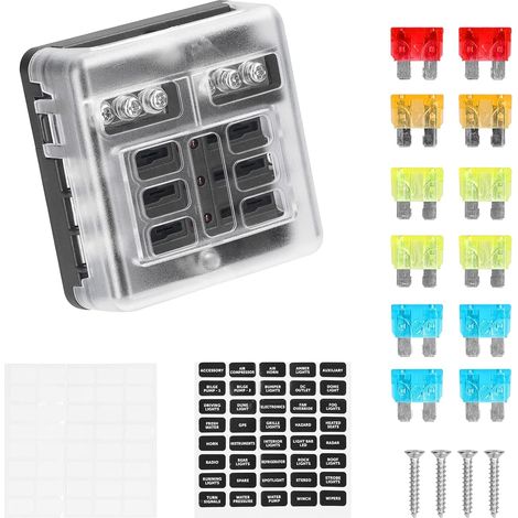 6 Way Fuse Box 12 V with 12 LED Fuses Protection Cover Positive and Negative Connections for Car Boat Marine Truck SUV (1/5)