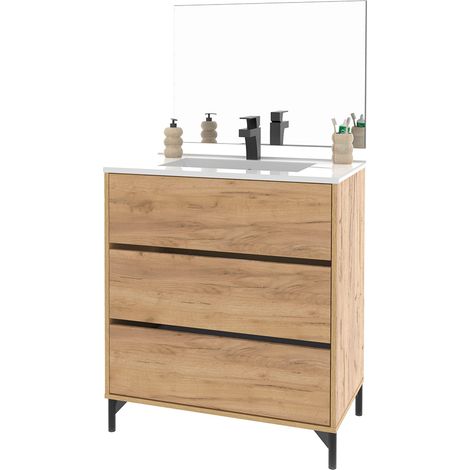 Meuble sous-vasque sur pieds à 3 tiroirs avec miroir (sans lavabo) coloris Chêne - Longueur 80,5 x Hauteur 91 x Profondeur 45,5 cm (1/5)
