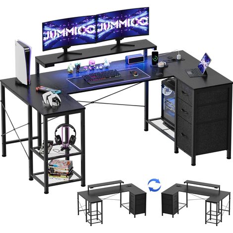 Bureau Gaming en U Réversible 170x95cm, Bureau d'angle, USB, Noir (1/5)