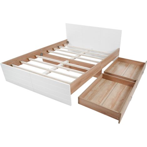 Cama doble 160x200 cm de madera y MDF con 2 cajones, somier de lamas, blanco y roble (1/5)