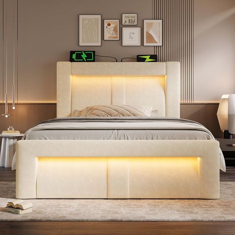 Lit hydraulique avec éclairage LED piloté par application, ports de charge USB et Type-C, velours, beige - 90x200 cm.