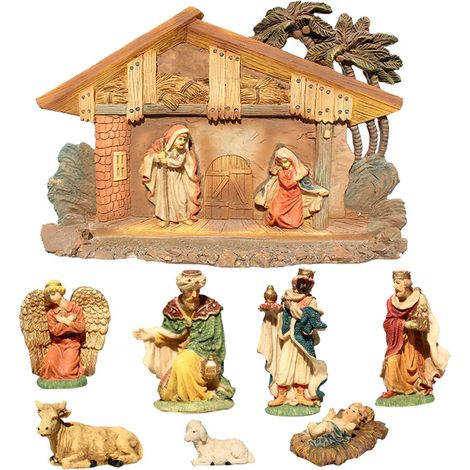 8 pièces Crèche de Noël Résine Figurines Maison Statue Cadeau Sculpture Chrétienne Religieuse Décor Église (1/5)