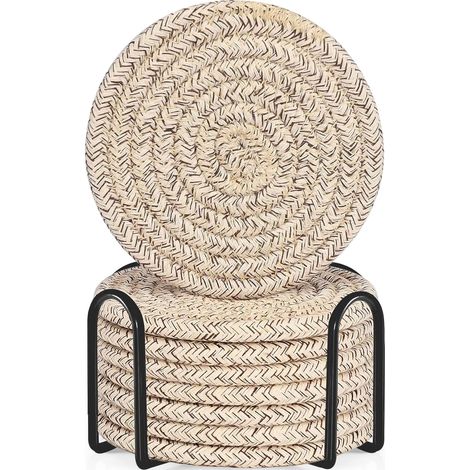 Sous-Verre - Coton Lin Naturel - 8 Pièces - Diamètre 10,9 cm - Épaisseur 0,8 cm - Avec Support Métallique Noir - Pour Protection Table Bois (1/5)