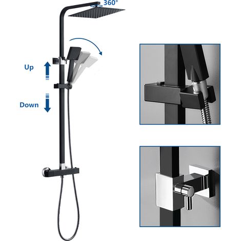 Auralum Élégant Colonne de Douche Thermostatique Noir Ensemble de Douche en Pluie Set de Douche pour Salle de Bain Colonne de Douche Thermostat avec Mitigeur Réglable en Hauteur
