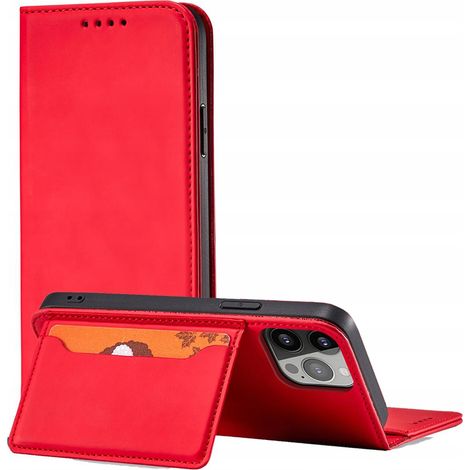 Funda magnética para tarjetas iPhone 14 Plus con tapa tipo cartera y soporte, color rojo. (1/5)