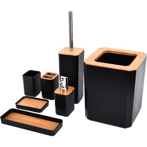 Bambus-Badezimmer-Accessoires-Set, 7-teilig, Seifenablage, Zahnbürstenhalter-Set für Zuhause und Hotel, Schwarz (1/5)