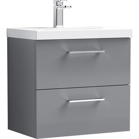 Nuie Arno Satin Grey 600mm Wall Hung 2 Drawer Vanity Unit and Thin Edge Ceramic Basin - ARN2224D (1/3)