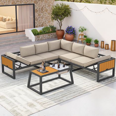 Canapé d’extérieur modulaire : dossier réglable, accoudoirs rabattables, bac à glace, coussins 10cm, pour terrasse, balcon, piscine, gris/beige