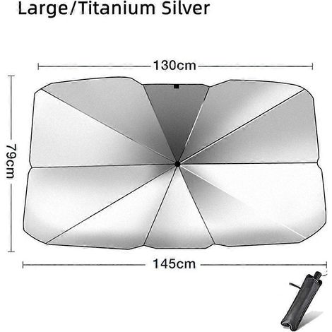 Pare-soleil de pare-brise de voiture, type parapluie, pour protection solaire estivale, tissu isolant thermique pour pare-brise avant, couleur argent titane. (1/5)