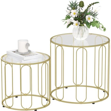 Ensemble de 2 tables empilables en verre avec cadre en métal doré, design moderne et élégant pour votre intérieur. (1/5)