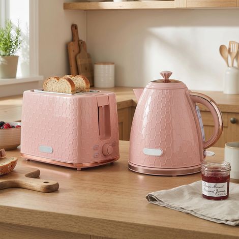 Wasserkocher- und Toaster-Set, 1,7L 2200W Schnellkoch-Wasserkocher mit automatischer Abschaltung und 2-Scheiben-Toaster mit Krümelschublade, Rosa