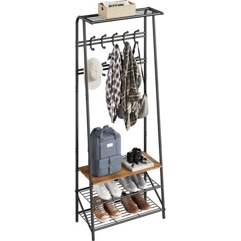 Porte-manteau colonne d’entrée 4-en-1 avec banc à chaussures – Acier et bois – 10 crochets – Rangement multifonction – Vestibule, chambre – Double rangée de crochets 60 cm (1/5)