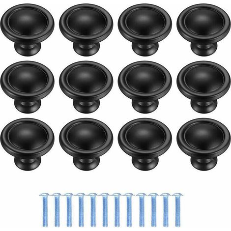 12 Pièces Noir Tiroir de Porte Poignée, Trou Rond Boutons de Tiroir, Bouton de Commode, Poignées de Meuble de Porte pour Placard Armoire Cuisine - 1,2 po/30 mm