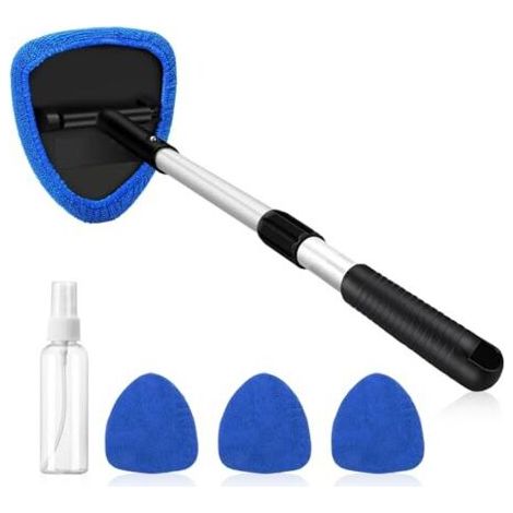 Kit de limpieza de parabrisas de 5 piezas: Palo telescópico con 3 almohadillas de microfibra y botella pulverizadora para la limpieza interior y exterior del coche.