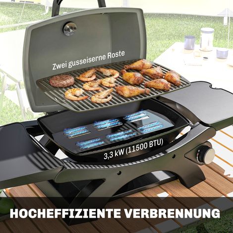 Barbecue au gaz 3,3 kW, mono-brûleur, pliant, avec plateaux latéraux, grilles en fonte et tiroir à graisse amovible.