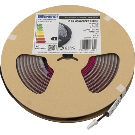Siro Led Band SL-Viper 10W/m 3000K 5m - Flexibles LED-COB Band, IP65, 24V, FreeCut, 300 LED/m, Led Streifen ohne Punkte, warmweiß (1/5)