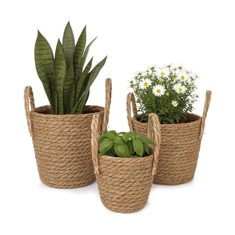 Relaxdays Blumentopf, 3er Set, Schilf, Pflanzentöpfe mit Folie & Griffen, 3 Größen, Boho-Style, runde Übertöpfe, Natur