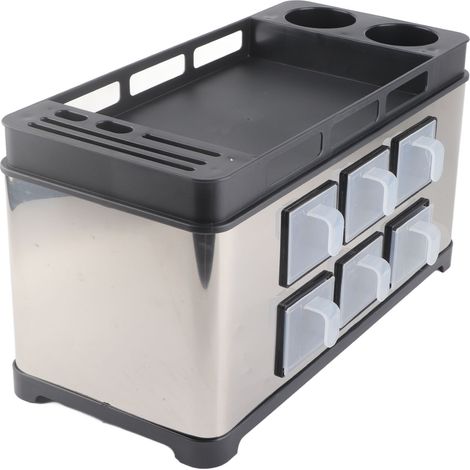 Porte-épices en acier inoxydable, support multifonctionnel pour flacons d'assaisonnement, pince, pot et cuillère, organiseur de rangement pour plan de travail de cuisine (1/5)