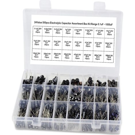 Condensateur Électrolytique - 0.1 µF à 1000 µF - 24 Valeurs - Tension 10 V / 16 V / 25 V / 50 V - Boîtier Plastique - 500 Pièces (1/5)