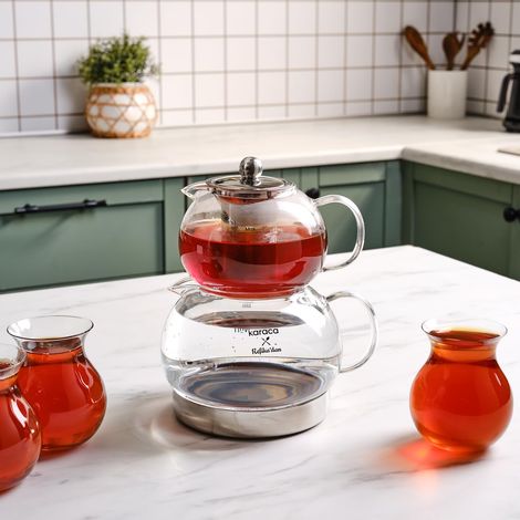 Théière en verre borosilicate avec infuseur en acier inoxydable, bouilloire de 1,5 l et théière en verre de 0,6 l avec passoire (1/5)