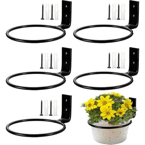 5 Pièces Anneau de Support de Pot de Fleur Support de Jardinière Mural Diamètre Intérieur 9cm Porte-Pot Mural en Métal pour Interieur Extérieur Terrasse Balcon Jardin (Noir) (1/5)