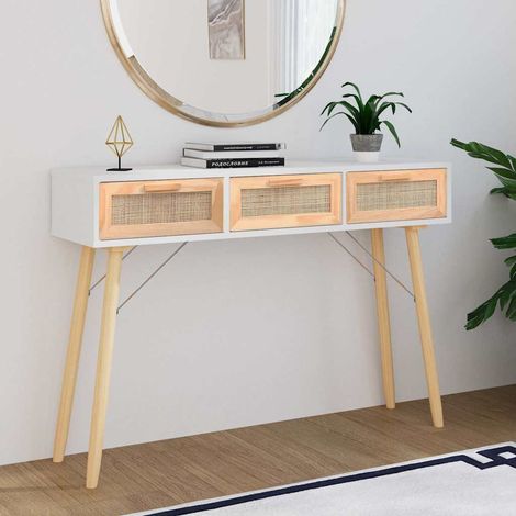 vidaXL Tavolo Consolle Bianco 105x30x75 Massello Pino Rattan (1/5)