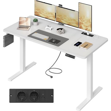 Bureau Assis Debout Électrique 140x60cm avec Multiprise Blanc Pur (1/5)