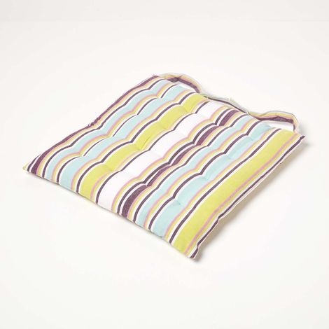 HOMESCAPES Oska Green Stripe Seat Pad with Button Straps 100% Cotton 40 x 40 cm