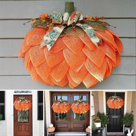 Ländlicher Kürbiskranz für die Haustür, 40 cm, mit Schleifen, Beeren und Jute-Kürbisgirlande zur herbstlichen Wanddekoration. (1/4)