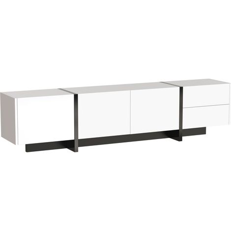 ELVMI Meuble TV avec 3 Portes et 2 Tiroirs, Finition Laquée Brillante, pour Salon, en Panneaux de Particules, Blanc et Noir (1/4)
