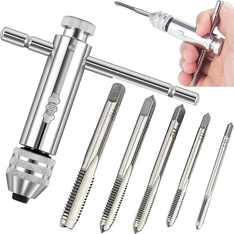 6 Pièces Tarauds et Filières Tourne a Gauche Coffret Taraud , Clé pour Porte , taraud à Poignée en T×1+Tarauds à main×5 , M3 M4 M5 M6 M8 Clé à Taraud Réglable , pour Porte , taraud à Poignée en T HSS (1/5)