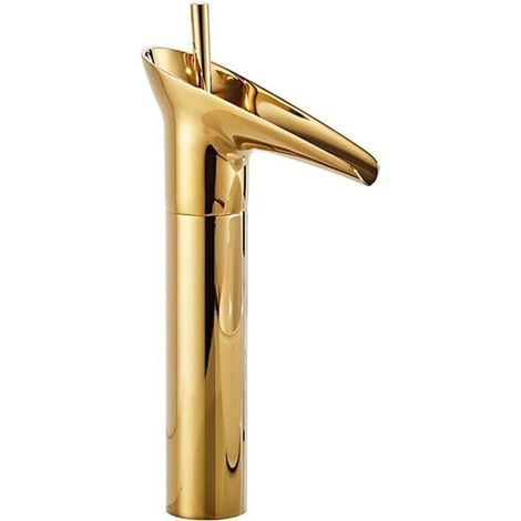 Einhebel-Wasserfall-Waschtischarmatur, Deckmontage, Einloch-Aufsatzarmatur für Aufsatzwaschbecken, für Warm- und Kaltwasser (Gold, oben) (1/4)