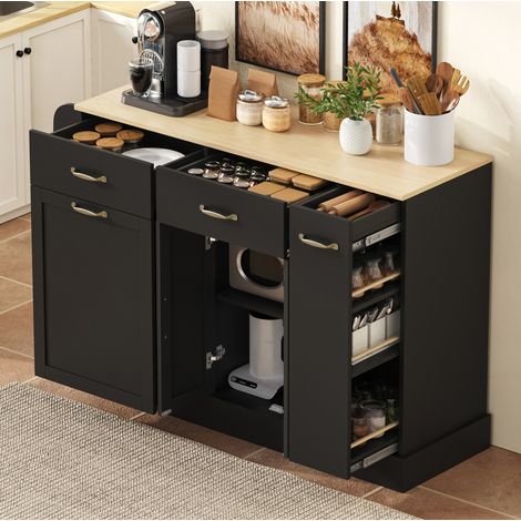 Credenza da cucina con scomparto porta rifiuti e ripiani aperti, nera, 133,5x40x86 cm (1/5)