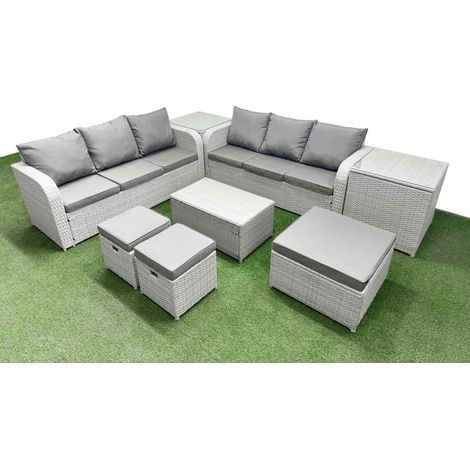 Fimous Outdoor Garden Furniture Sets 9 Seater Wicker Rattan Furniture Sofa Sets with Rectangular Coffee Table high Back Lounge Sofa 3 Stools 2 Side Table Light Grey (1/5)