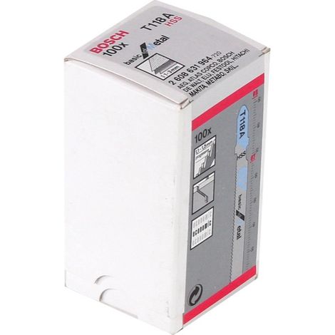 Lame de Scie Sauteuse HSS Metal Bosch T118A - Denture Progressive 1,1-1,5 mm - Coupe Tôle Fine 1-3 mm - Boite de 100 (1/2)
