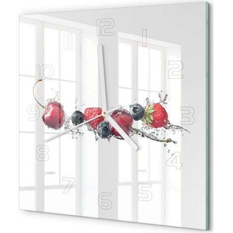 Horloge Murale Carrée Originale Verre Trempé Décoration Maison Moderne Fruits des bois 30x30 cm (1/5)