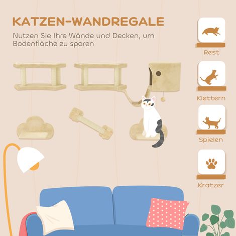 Lot de 5 éléments pour chat : griffoir, plateformes saut, échelle, cabane, fixation murale, beige (1/5)