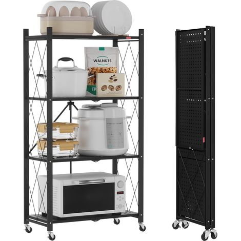 Étagères de Rangement Pliantes en métal à 4 Niveaux pour Rangement - 61 x 116 x 28 cm - Étagères d'angle à roulettes pour Cuisine, Garde-Manger, bibliothèque pour Salon - Noir (1/5)