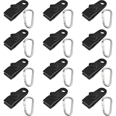 24 PCS Tent Clips, Awning Clips, Tarp Clips, for Holding Tarps, Plastic Camping Clips with Stainless Steel Carabiner (Black) (1/5)