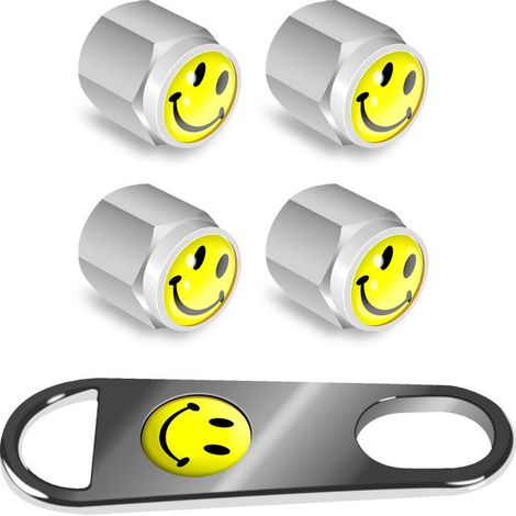 Cachet de valve anti-vol visage souriant, embouts de pneu personnalisés en alliage, capuchons de tige filetée avec clé porte-clés, lot de 4 argent + 1 porte-clé, accessoires auto décoratifs. (1/5)