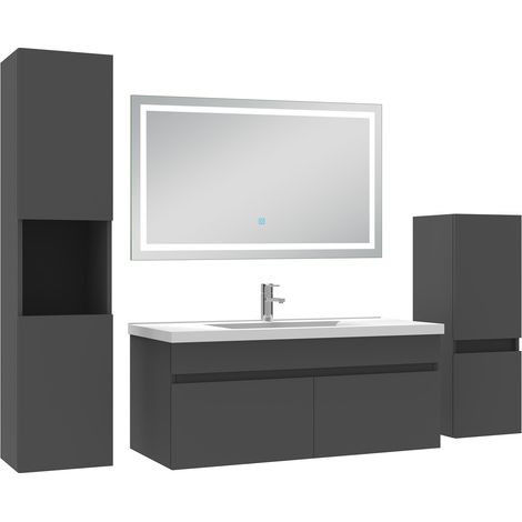 Ocean Ensemble meuble salle de Bain 100cm avec colonne + miroir mural lumineux 3 couleurs Anthracite (1/5)