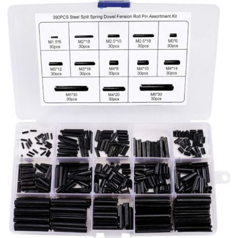 390 Pièces Goupille élastique Fendue Goupilles Fendues en Acier au Manganèse Assortiment Kit M1.5 M2 M2.5 M3 M4 M5 M6 avec la Boîte