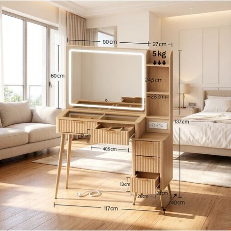 Tocador con espejo grande y luz LED, mesa de maquillaje en madera efecto roble (1/5)