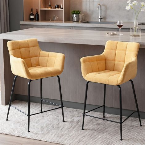 Wahson Tabouret de Bar en Tissu, Lot de 2 Chaise de Bar avec Accoudoirs Chaise Haute Cuisine pour Bar et Cuisine, Jaune