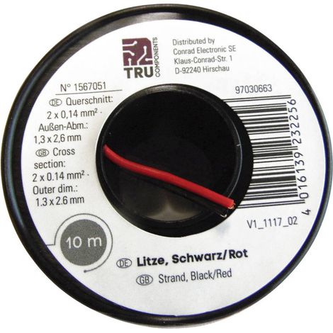 TRU COMPONENTS 1567051 Cavo per cablaggi 2 x 0.14 mm² Nero, Rosso 10 m