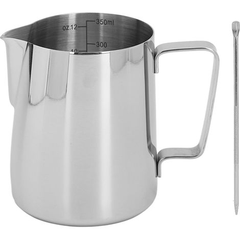 Milchkännchen aus Edelstahl 304, 350 ml, mit Latte-Art-Stift und Innenskala für Milchaufschäumer und Kaffeeweißer (1/5)