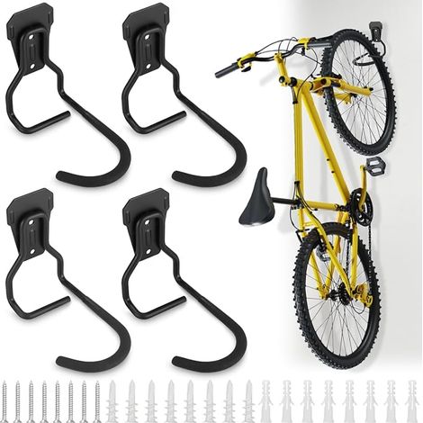 Lot de 4 Crochets Vélo,Support de Vélo Mural Noir Muraux Support Mural de Rangement pour Vélos Robuste Gain de Place pour Montagne Vélo Surface Antidérapante en Acier pour Maison ou Garage (1/5)