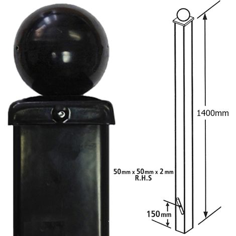 Square Ball Top Concrete-In Blank Post, Any Low Gates - Solid Steel - L50 x W50 x H1400 mm - Electro Galv./Black Powder Coated