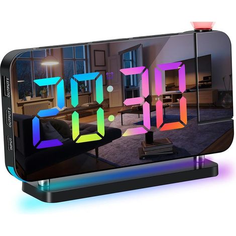 Réveil Arc en Ciel Numérique Réveil à Projection Grand écran LED Miroir Veilleuse Colorée Double Ports Charge USB Fonction Snooze Dimming Volume (1/5)