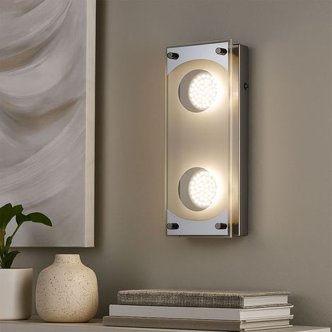 Applique murale en verre Applique murale chromée Applique de salon, acier brossé, 2x LED 3 watts 260 lumens blanc chaud, L 26 cm